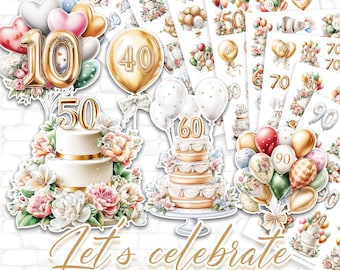 Let's celebrate BUNDLE Fussy Cut 18 A4 JPG Pages for Journals and Scrapbooks, Print and Cut Balloons and Cakes