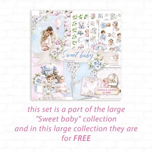 May include: A collection of digital art prints with a baby theme. The designs feature illustrations of babies, parents, flowers, and decorative elements in soft pastel colors. The text "Sweet baby" is displayed prominently, along with the text "+ BONUS & 140 PNGs for FREE".