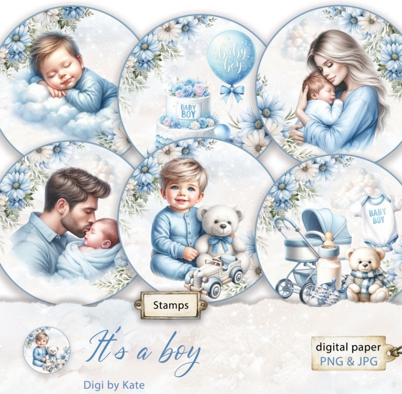 It' a Boy is a Digital Paper Bundle for a Birth of a Baby Boy, Baby Shower or Gender Reveal Party image 9
