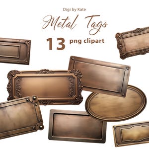 Metall Tags 13 PNG Clipart Set, Metall Buchetiketten, Junk Journal Metallverzierung, transparenter Hintergrund
