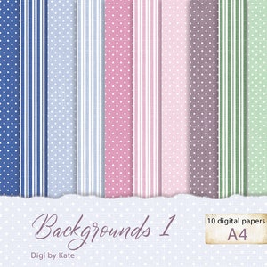 Padrões de bolinhas e listras em rosa, azul e verde em 10 páginas A4 JPG