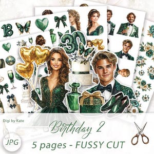 Fussy Cut Emerald Green Birthday auf 5 A4 JPG Seiten für Journals und Scrapbooks, Junk Journal Print und Cut Elements