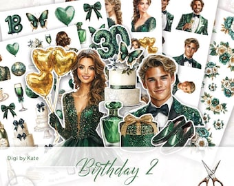 May include: A set of 5 printable digital papers featuring a green and gold color scheme with illustrations of butterflies, flowers, and people. The papers are designed for fussy cutting and are perfect for crafting projects like scrapbooking, card making, and party decorations. The text on the image reads "Birthday 2, 5 pages - Fussy Cut".