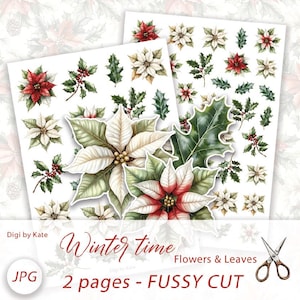 Kerstrode en groene bloemen en bladeren kieskeurig gesneden op 2 A4 JPG-bladen voor junkjournal en scrapbooking