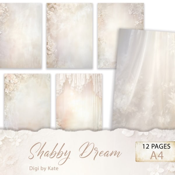 Shabby Dream 12 A4 Pages with Shabby Chic Style Graphics, Romantic Background Scrapbook Paper, Journal Digital Paper