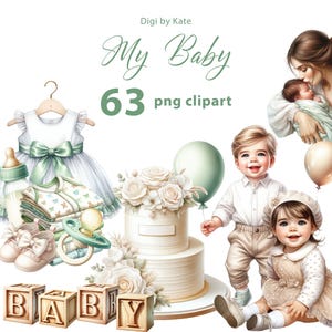 63 images clipart bébé PNG en vert et beige sur fond transparent pour carnet de photos et scrapbooking