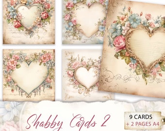 Shabby Cards #2 9 JPG Cards with Shabby Chic Style Graphics, Romantic Junk Journal Supplies