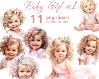 Baby Girl #1 11 PNG Clipart Set, Pink Girl Clipart, Baby Girl Watercolor, PNG Baby Illustrations, Transparent Background