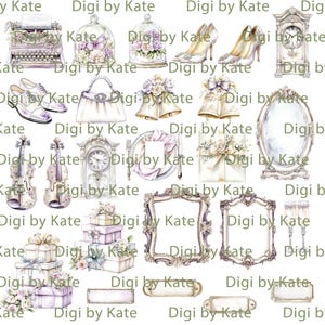 K&ouml;nnte beinhalten: Eine Sammlung von Aquarellillustrationen mit Hochzeitsmotiven. Enth&auml;lt eine Schreibmaschine, High Heels, eine Handtasche, Glocken, eine Uhr, einen Spiegel, eine Geige, Geschenkboxen, Bilderrahmen und Sektgl&auml;ser. Die Farbpalette ist weich, mit Pastellt&ouml;nen.