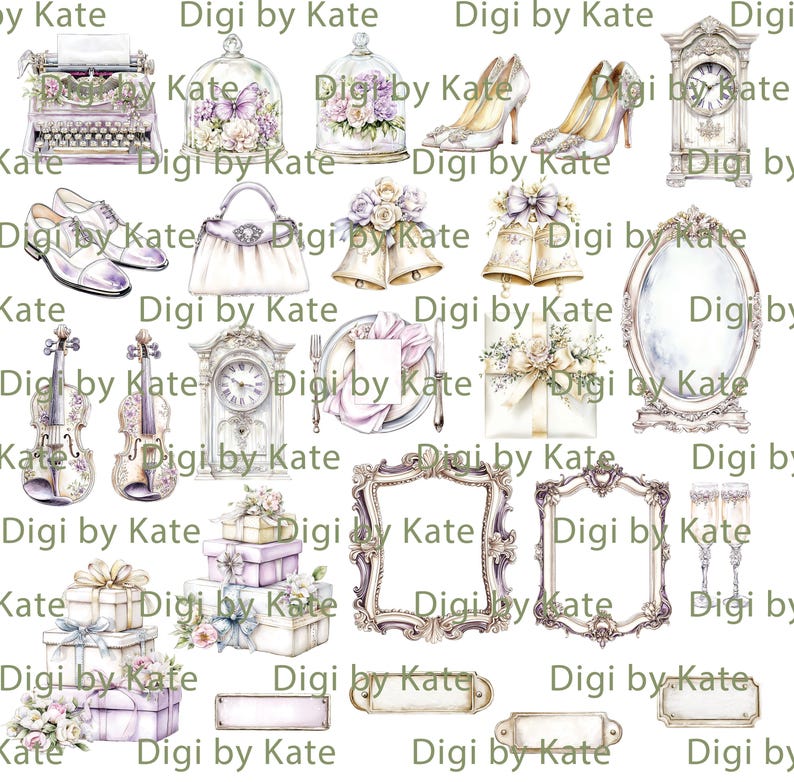 K&ouml;nnte beinhalten: Eine Sammlung von Aquarellillustrationen mit Hochzeitsmotiven. Enth&auml;lt eine Schreibmaschine, High Heels, eine Handtasche, Glocken, eine Uhr, einen Spiegel, eine Geige, Geschenkboxen, Bilderrahmen und Sektgl&auml;ser. Die Farbpalette ist weich, mit Pastellt&ouml;nen.