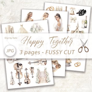 Happy Together Fussy Schnitt auf 3 A4 JPG Seiten mit Hochzeitselementen in Champagner Farbe