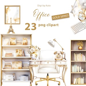 Conjunto de 23 imágenes prediseñadas PNG de Office Gold Series, muebles de oficina en acuarela, ilustraciones PNG de accesorios de oficina, fondo transparente