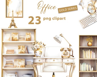 Office Gold Series 23 PNG Clipart Set, Watercolor Office Furniture, Office Accessories PNG Illustrations, Transparent Background