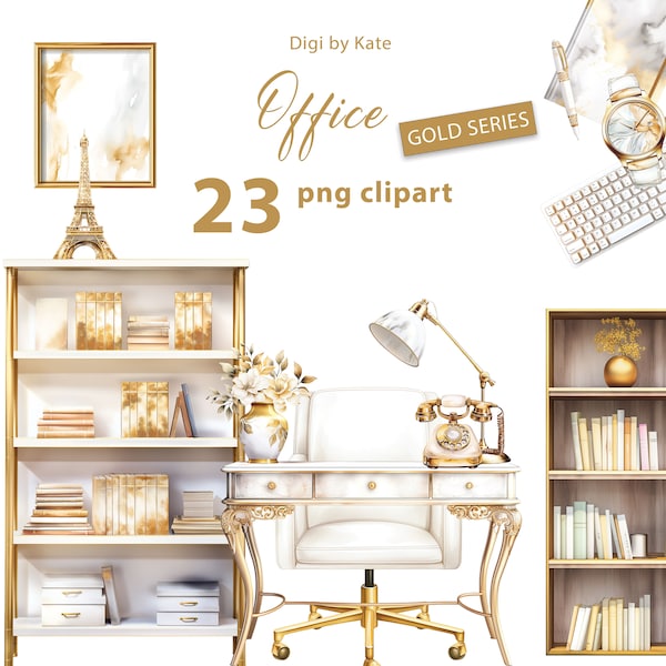 Office Gold Series 23 PNG Clipart Set, Watercolor Office Furniture, Office Accessories PNG Illustrations, Transparent Background