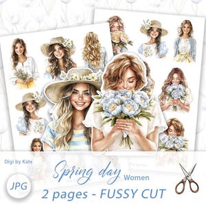 Kieskeurig gesneden pastelblauwe en gele vrouwen op 2 A4 JPG-pagina's voor tijdschriften en plakboeken, lente-elementen afdrukken en uitknippen