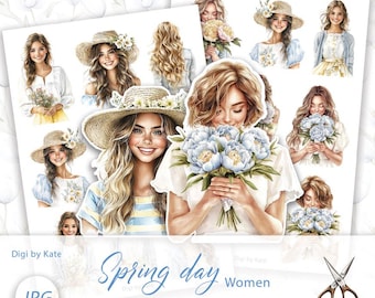 Fussy Cut Pastel Blue and Yellow Women on 2 A4 JPG Pages for Journals and Scrapbooks, Print and Cut Spring Elements