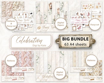 Celebration Big Bundle of 63 A4 JPG sheets with Digital Papers, Elegant Patterns for Special Occasions and Fussy Cuts