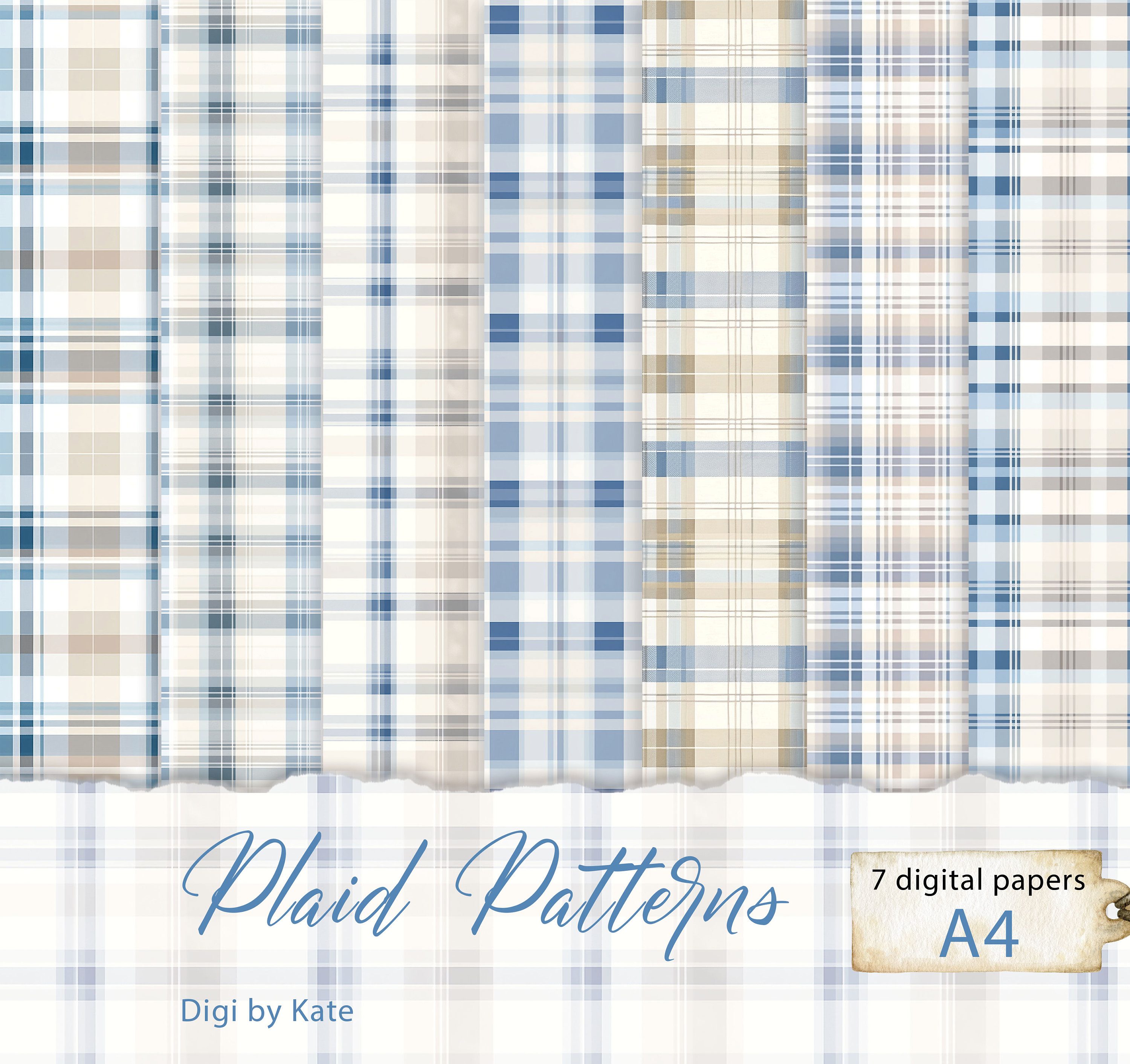 Blauwe en beige geruite patronen op 7 A4 jpg-pagina's - Etsy België, image size:3000x2825