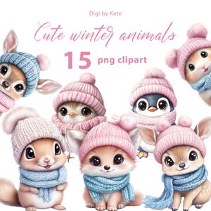 15 imágenes prediseñadas PNG de animales lindos de invierno, adorables animales bebés en tonos pastel sobre fondo transparente