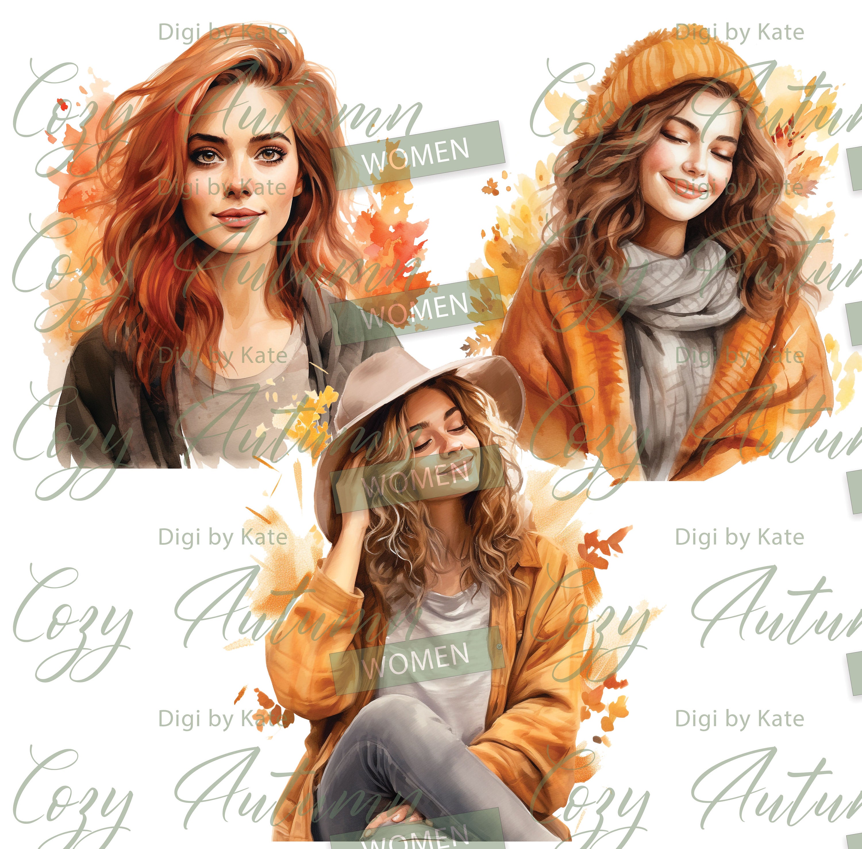 Cozy Autumn Women 13 PNG Clipart Set, Amber Watercolor Autumn Girl ...