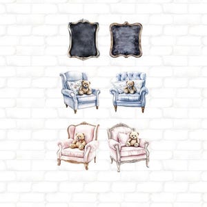 May include: Watercolor illustration of six items: two ornate chalkboard signs, two blue armchairs with teddy bears, and two pink armchairs with teddy bears. The background is a white brick wall.