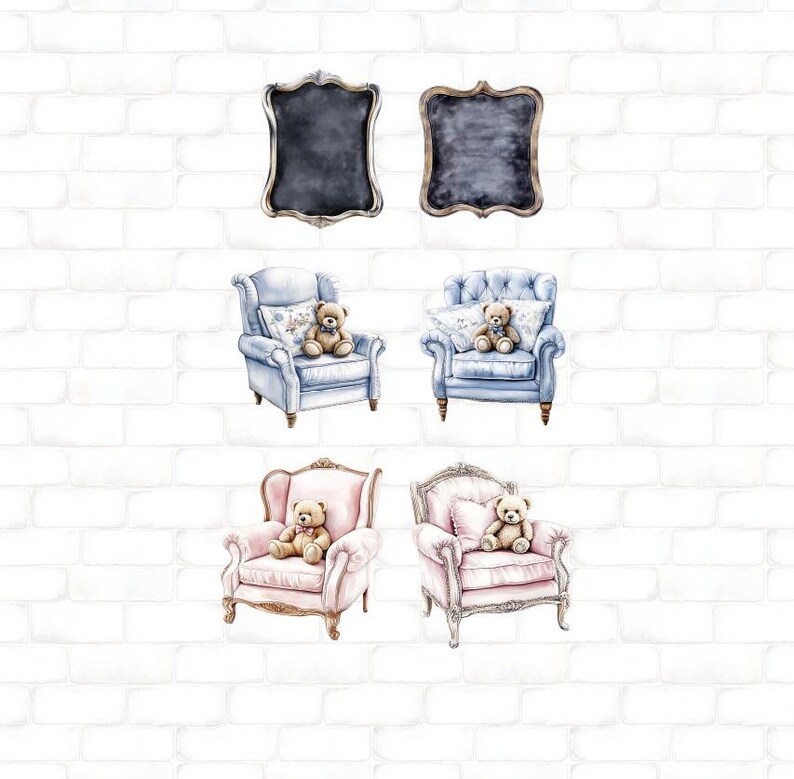 May include: Watercolor illustration of six items: two ornate chalkboard signs, two blue armchairs with teddy bears, and two pink armchairs with teddy bears. The background is a white brick wall.