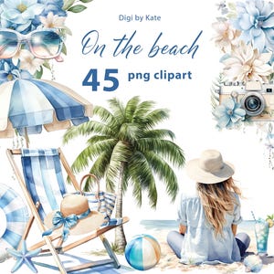 On the beach 45 PNG Blue Summer Clipart Set, Blue Beach Watercolor, PNG Beach Summer Day Illustrations, Transparent Background