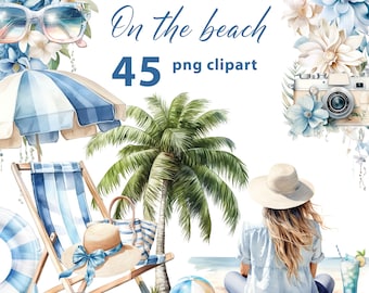 On the beach 45 PNG Blue Summer Clipart Set, Blue Beach Watercolor, PNG Beach Summer Day Illustrations, Transparent Background
