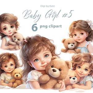 Baby Girl #5 with Brown Hair 6 PNG Clipart Set, Sweet Little Girl with Teddy Bear Illustrations on Transparent Background