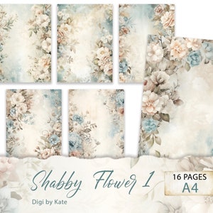 Shabby Flower 1 16 A4 Seiten mit Shabby Chic Style Grafiken, Romantischer Blumen Hintergrund Scrapbook Papier, Journal Digitales Papier