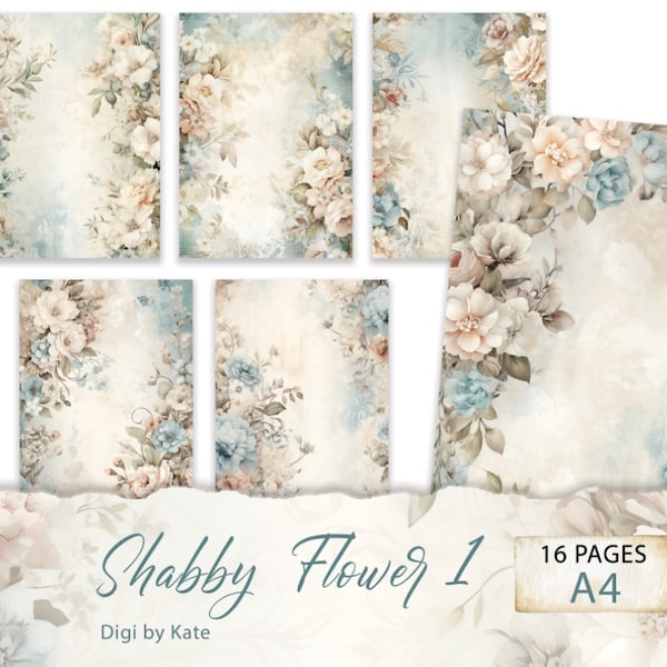 Shabby Flower 1 16 A4 Pages with Shabby Chic Style Graphics, Romantic Floral Background Scrapbook Paper, Journal Digital Paper