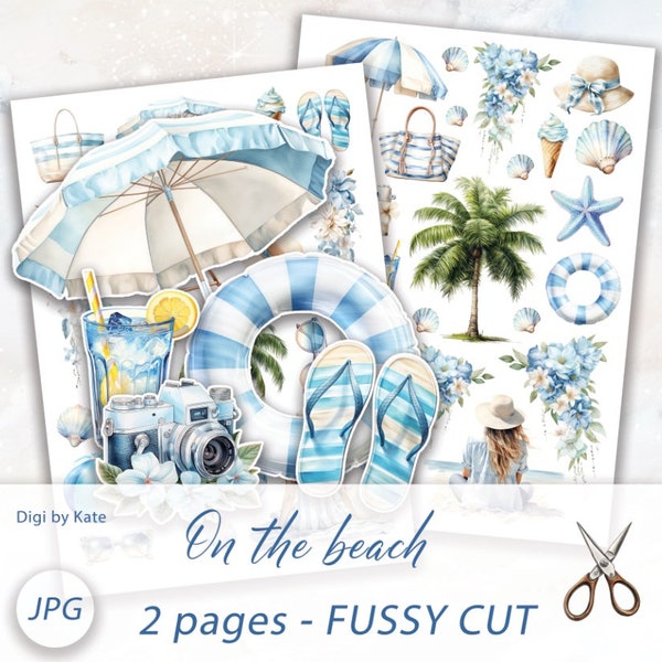 On the beach Blue Fussy Cut, A4 JPG Printable, Summer Beach Elements, Summer Beach Print and Cut Digital Elements, Summer Vacation Fussy Cut