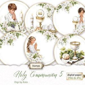 Pode incluir: Uma coleção de designs de papel digital para a Sagrada Comunhão, com ilustrações em aquarela de crianças, cálices, velas e arranjos florais. Os designs estão em fundos brancos com detalhes dourados e o texto "Holy Communion 5".