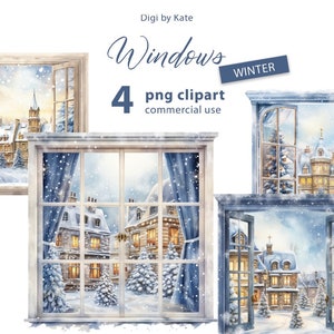 Winter Blue Windows 4 PNG Clipart Set con una vista invernal de una ciudad nevada, ilustraciones de acuarela de invierno sobre fondo transparente