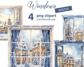 Vinterblå fönster 4 PNG Clipart-set med en vintervy av en snöig stad, vinterakvarell illustrationer på transparent bakgrund