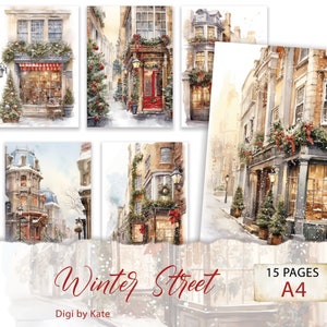 Winter Street 15 A4 Pages with Winter Style Graphics, Cozy Winter Background Scrapbook Paper, Journal Digital Paper
