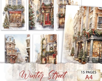 Winter Street 15 A4 Seiten mit Winter Style Grafiken, Winter Hintergrund Scrapbook Papier, Journal Digitales Papier