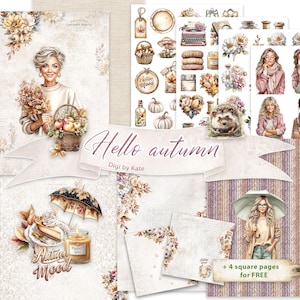 Może przedstawiać: Grafika cyfrowa z jesiennymi ilustracjami i grafiką. Zawiera kobietę z koszem jabłek, elementy dekoracyjne oraz tekst "Hello autumn" i "Digi by Kate". Zawiera również świecę i parasol.