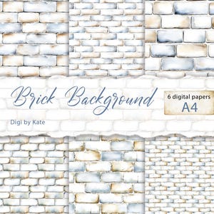 Bakstenen muurpatronen op 6 A4 jpg-pagina's, witblauwe en beige achtergronden voor plakboek en rommeljournaal