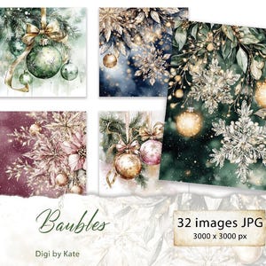Boules de Noël 32 images JPG avec graphismes aquarelles, boules de sapin de Noël, carnet de bord festif