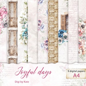 Juego de papeles digitales florales Joyful Days: perfecto para cumpleaños y el Día de la Madre, 9 páginas A4