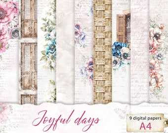 Joyful Days Floral Digital Paper Set - Perfect voor verjaardag en Moederdag, 9 A4-pagina's