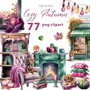 Bundle de cliparts PNG magenta douillet, feuilles d'automne PNG, éléments de journal indésirable automne, clipart citrouille automne, fond Transparent