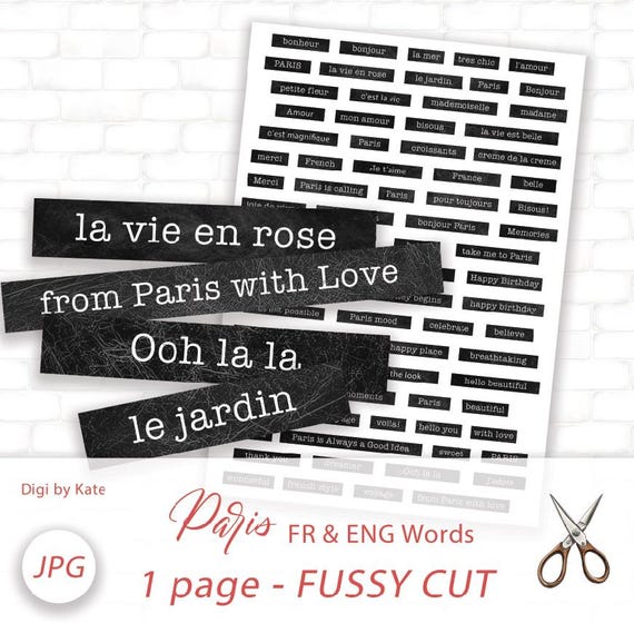 French and English Words and Phrases on 1 A4 JPG Page to Print and Cut perfect for Paris Journal