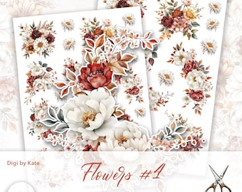 Red White Flowers Fussy Cut on 2 A4 JPG Pages with Images to Print and Cut
