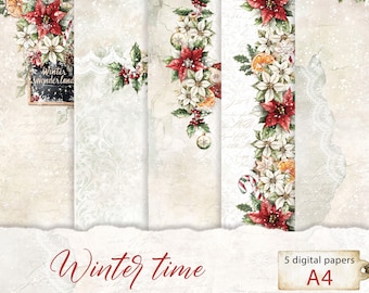 Red and Green Winter Digital Paper 5 A4 is a Digital Paper Set perfect for Junk Journal