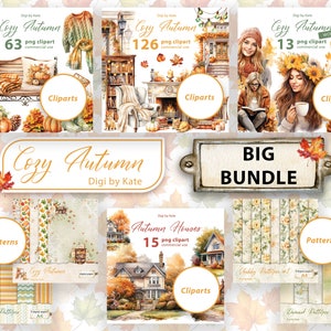 Cozy Autumn Big Bundle, PNG Autumn Leaves, Fall Junk Journal Elements, Autumn Pumpkin Clipart, Transparent Background