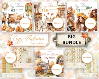 Cozy Autumn Big Bundle, PNG Autumn Leaves, Fall Junk Journal Elements, Autumn Pumpkin Clipart, Transparent Background