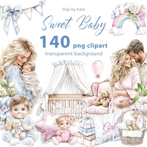 140 Pastel Blue and Pink Baby PNG Cliparts on transparent background