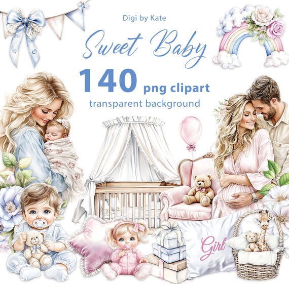 140 Pastel Blue and Pink Baby PNG Cliparts on transparent background
